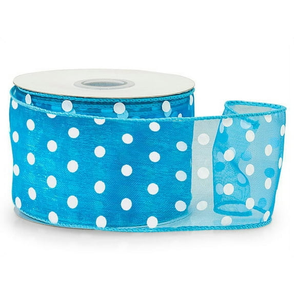 2.5" Wide Turquoise with White Polka Dots Sheer Wired Ribbon - 25 Yards (52988)