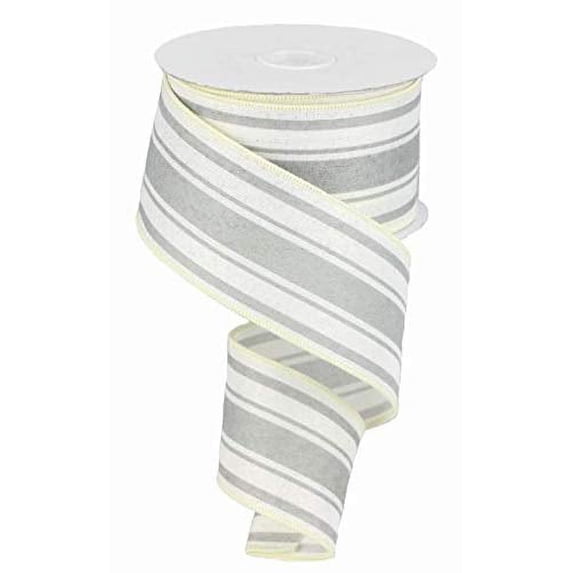 2.5" X 10 yd Farmhouse Stripe On Royal Wired Edge Ribbon- Ivory/ Cool GreyR6240-13