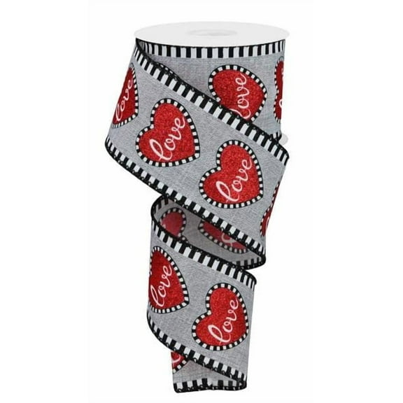 2.5" X 10Yd Love Glitter Heart Grey and red W/Stripe Edge Wired Ribbon