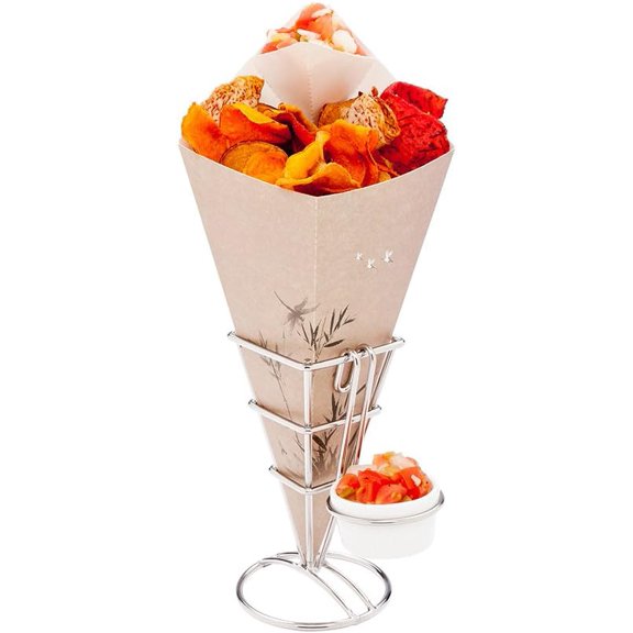 2.5 X 5 Inch Stainless Steel French Fries Stand with Sauce Holder - Dishwasher Safe Silver Cone Holder for Snacks, Appetizers, or Desserts