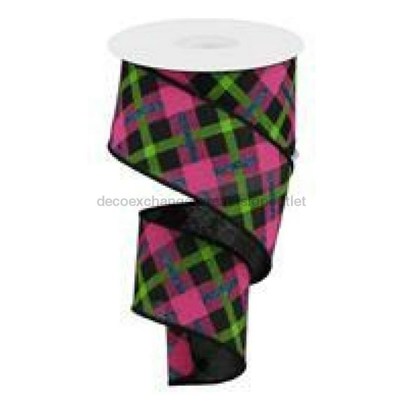 2.5"X10Yd Printed Plaid On Royal Black/Lime/Hot Pink/Blue RGA143302