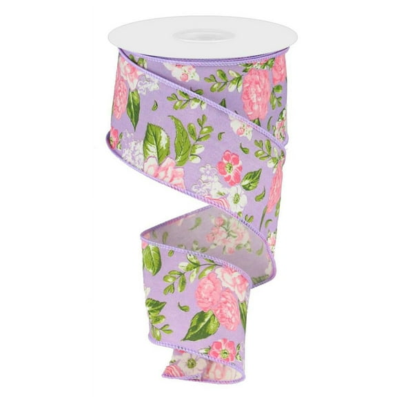 2.5"X10yd Floral Print on Lavender Wired Ribbon-Pink, Green, White, PurpleTR79640-C3