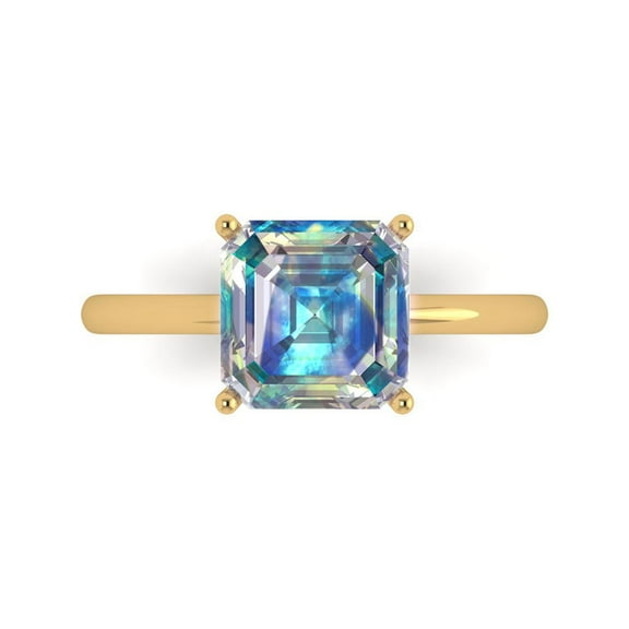 2.5 ct Asscher Cut Blue Moissanite Solitaire 14K Yellow Gold Womens Engagement Ring
