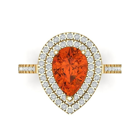 2.48 ctw with Simulated Diamond Halo Accents Anniversary Ring for Women | Pear Cut Simulated Red Diamond | Hyperallergenic Solid 14K Yellow Gold