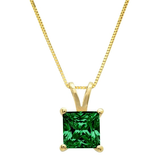 2.5 ct Brilliant Princess Cut Solitaire Simulated Emerald 18K Yellow Gold Pendant with 16" Chain