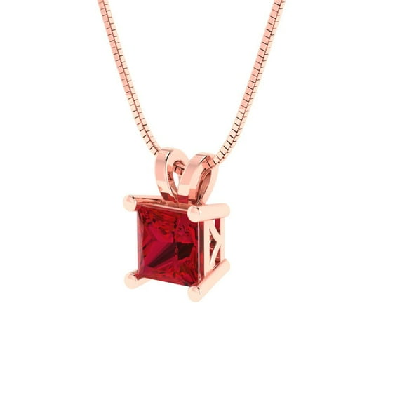 2.5 ct Brilliant Princess Cut Solitaire Ruby 14k Rose Solid Gold Everyday Affordable Designer Necklace Pendant with 16" Chain