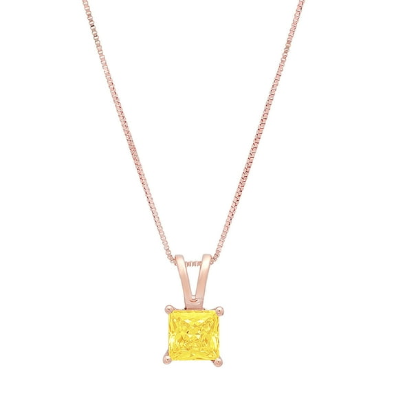 2.5 ct Brilliant Princess Cut Solitaire Simulated Yellow Diamond 14k Rose Gold Pendant with 18" Chain