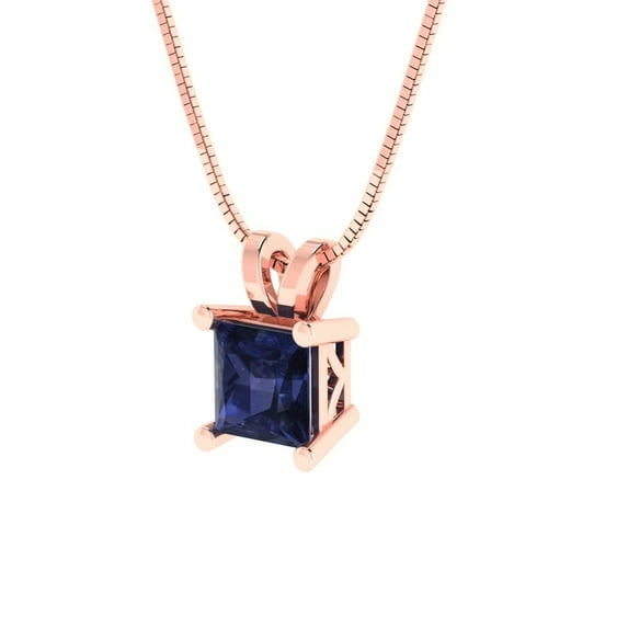 2.5 cctw Blue Sapphire Rose Gold Plated Pendant with 16" Box Chain (7.5mm, Princess Cut)