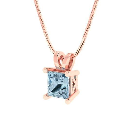 2.5 cctw Simulated Blue Diamond Rose Gold Plated Pendant with 16" Box Chain (7.5mm, Princess Cut)