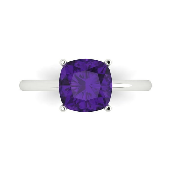 2.5 ctw Solitaire Anniversary Ring for Women | Cushion Cut Natural Amethyst | Hyperallergenic Solid 14K White Gold