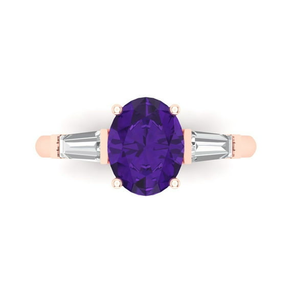Clara Pucci 14K Rose Gold Solid Gold Amethyst Three-Stone Anniversary Ring for Women - 2.5 cttw Oval Cut