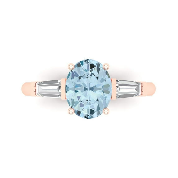 Clara Pucci 14K Rose Gold Solid Gold Aquamarine Three-Stone Anniversary Ring for Women - 2.5 cttw Oval Cut