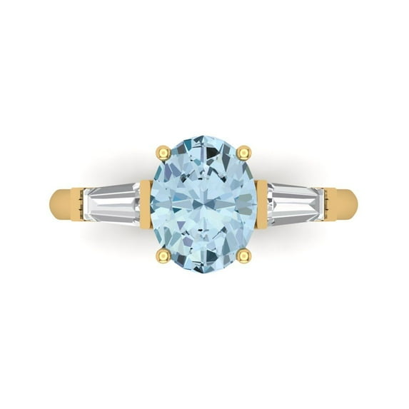 2.5 ct Oval Cut Natural Swiss Blue Topaz 3 Stone 18K Yellow Gold Womens Engagement Ring