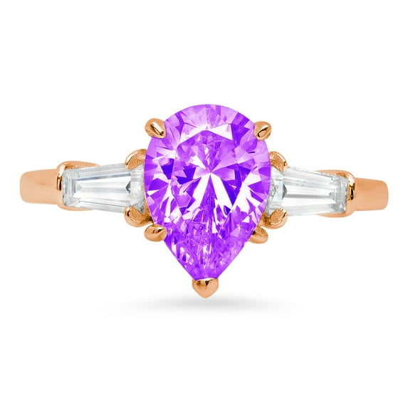 2.5 ct Pear Cut Natural Amethyst 3 Stone 18K Rose Gold Womens Engagement Ring