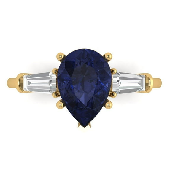 2.5 ctw 3 Stone Anniversary Ring for Women | Pear Cut Simulated Blue Sapphire | Hyperallergenic Solid 14K Yellow Gold