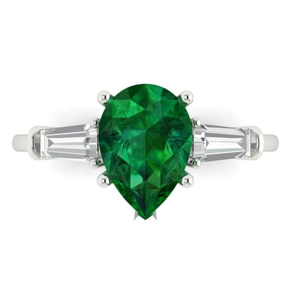 2.5 ct Pear Cut Simulated Emerald 3 Stone 14K White Gold Womens Engagement Ring