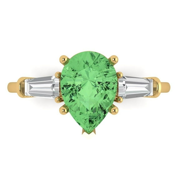 2.5 ct Pear Cut Simulated Green Diamond Three-Stone Engagement Ring for Women in 14K Yellow Gold