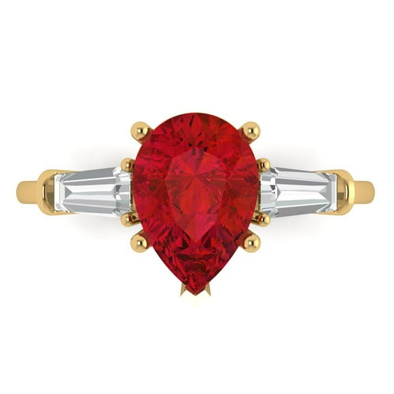 2.5 ct Pear Cut Simulated Ruby Three-Stone Engagement Ring for Women in 18K Yellow Gold
