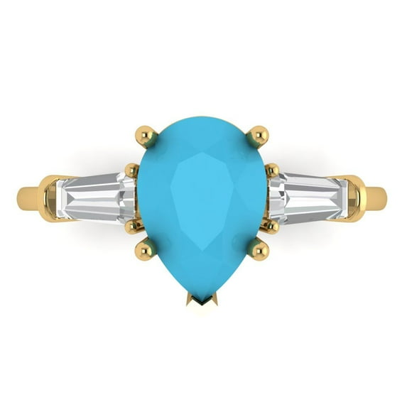 2.5 ctw 3 Stone Anniversary Ring for Women | Pear Cut Simulated Turquoise | Hyperallergenic Solid 18K Yellow Gold