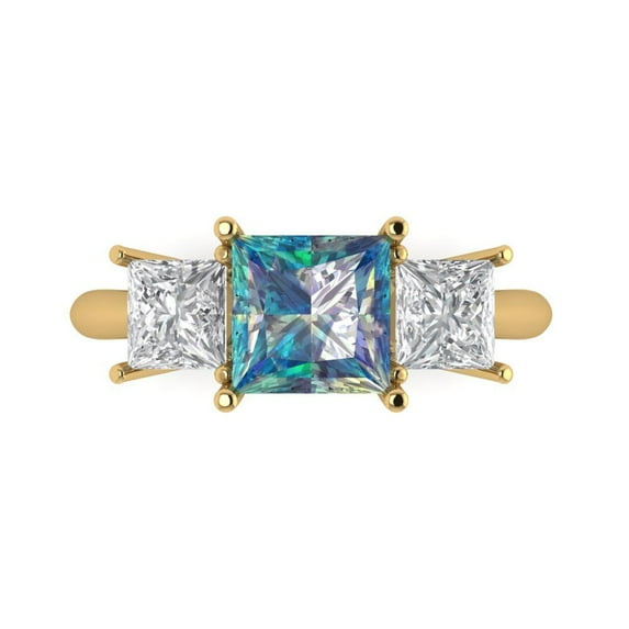 2.5 ctw 3 Stone Anniversary Ring for Women | Princess Cut Blue Moissanite | Hyperallergenic Solid 14K Yellow Gold
