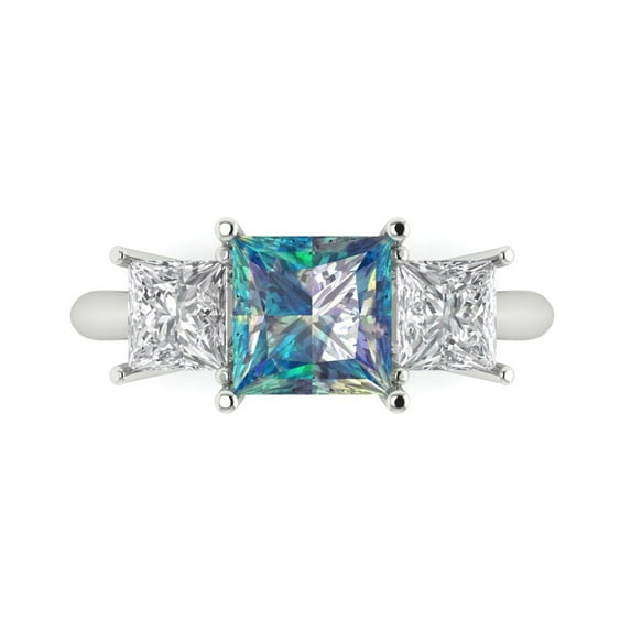 2.5 ctw 3 Stone Anniversary Ring for Women | Princess Cut Blue Moissanite | Hyperallergenic Solid 18K White Gold