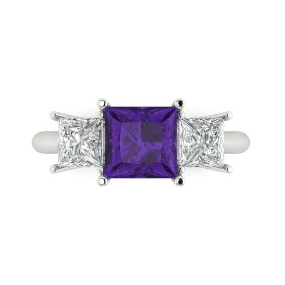 2.5 ctw 3 Stone Anniversary Ring for Women | Princess Cut Natural Amethyst | Hyperallergenic Solid 14K White Gold