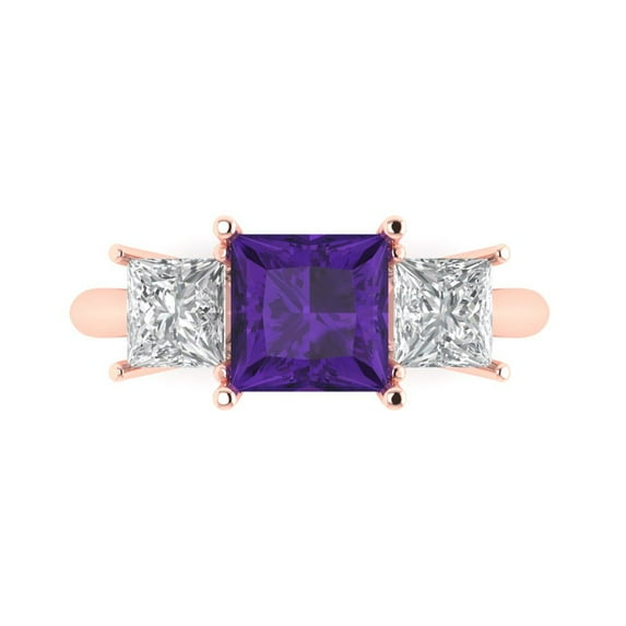 2.5 ctw 3 Stone Anniversary Ring for Women | Princess Cut Natural Amethyst | Hyperallergenic Solid 18K Rose Gold