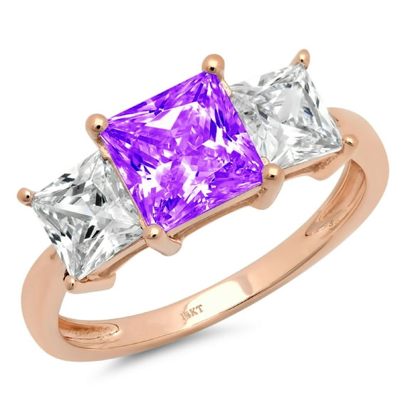 2.5 ct Princess Cut Natural Amethyst 3 Stone 18K Rose Gold Womens Engagement Ring