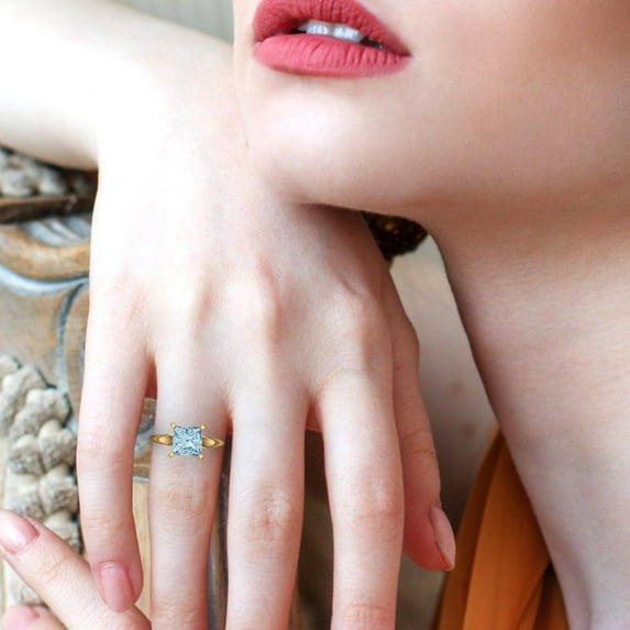 2.5 ct Princess Cut Natural Aquamarine Solitaire 14K Yellow Gold Womens Engagement Ring