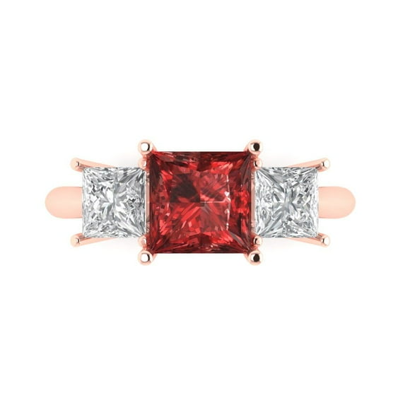 2.5 ctw 3 Stone Anniversary Ring for Women | Princess Cut Natural Garnet | Hyperallergenic Solid 14K Rose Gold