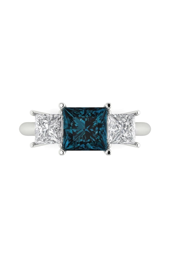 2.5 ctw 3 Stone Anniversary Ring for Women | Princess Cut Natural London Blue Topaz | Hyperallergenic Solid 14K White Gold