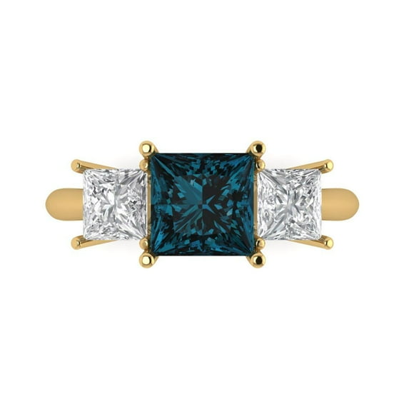 Clara Pucci 14K Yellow Gold Solid Gold LondonBlueTopaz Three-Stone Anniversary Ring for Women - 2.5 cttw Princess Cut