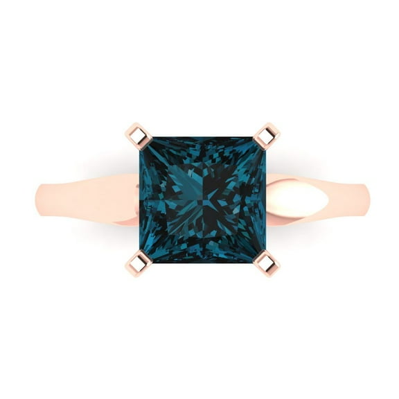 2.5 ct Princess Cut Natural London Blue Topaz Solitaire 18K Rose Gold Womens Engagement Ring