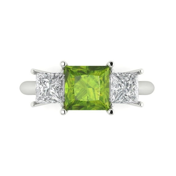 2.5 ct Princess Cut Natural Peridot 3 Stone 14K White Gold Womens Engagement Ring