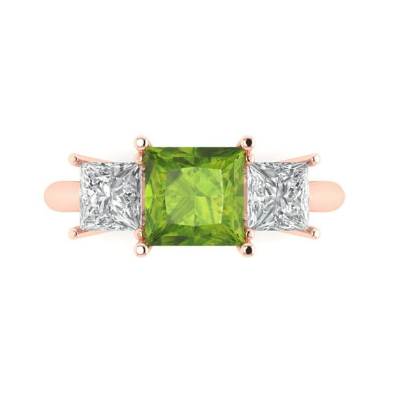 2.5 ct Princess Cut Natural Peridot Three-Stone Engagement Ring for Women in 14K Rose Gold