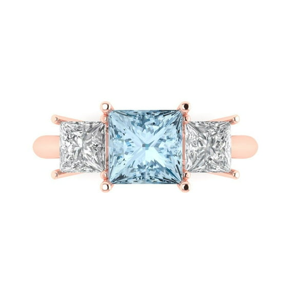 2.5 ct Princess Cut Natural Swiss Blue Topaz 3 Stone 18K Rose Gold Womens Engagement Ring