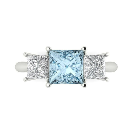 2.5 ctw 3 Stone Anniversary Ring for Women | Princess Cut Simulated Blue Diamond | Hyperallergenic Solid 18K White Gold
