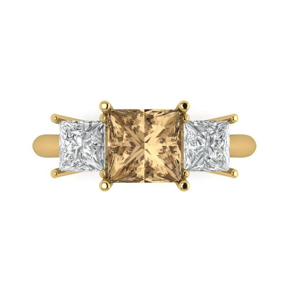 2.5 ct Princess Cut Simulated Champagne Diamond Three-Stone Engagement Ring for Women in 18K Yellow Gold