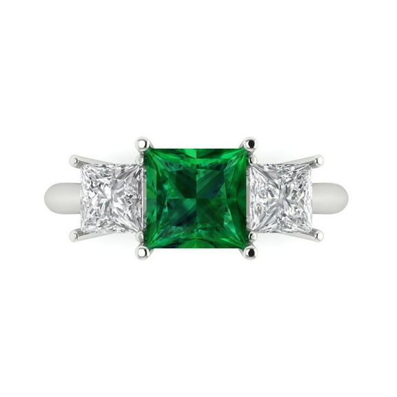 2.5 ctw 3 Stone Anniversary Ring for Women | Princess Cut Simulated Emerald | Hyperallergenic Solid 14K White Gold