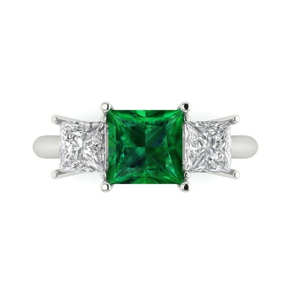 2.5 ctw 3 Stone Anniversary Ring for Women | Princess Cut Simulated Emerald | Hyperallergenic Solid 18K White Gold