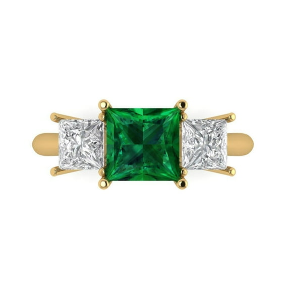 2.5 ct Princess Cut Simulated Emerald Three-Stone Engagement Ring for Women in 18K Yellow Gold