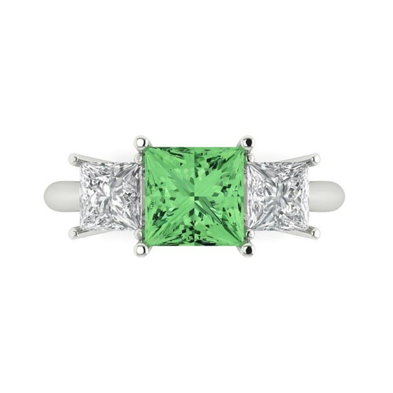 Clara Pucci 14K White Gold Solid Gold Green Three-Stone Anniversary Ring for Women - 2.5 cttw Princess Cut