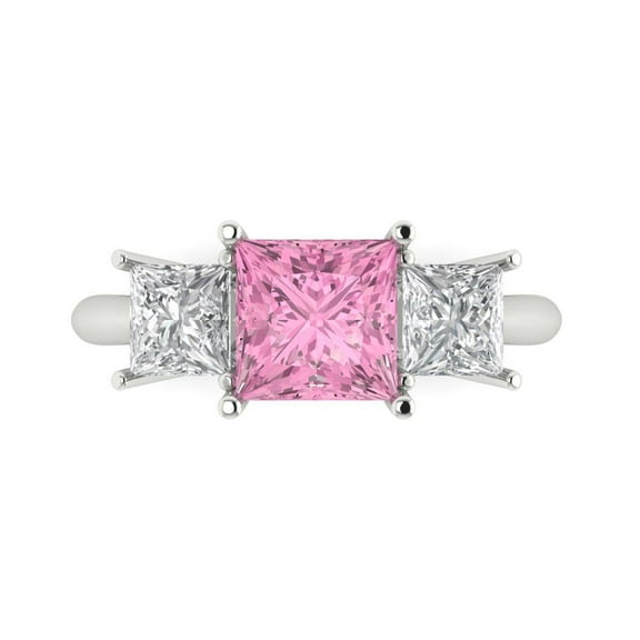 2.5 ctw 3 Stone Anniversary Ring for Women | Princess Cut Simulated Pink Diamond | Hyperallergenic Solid 14K White Gold