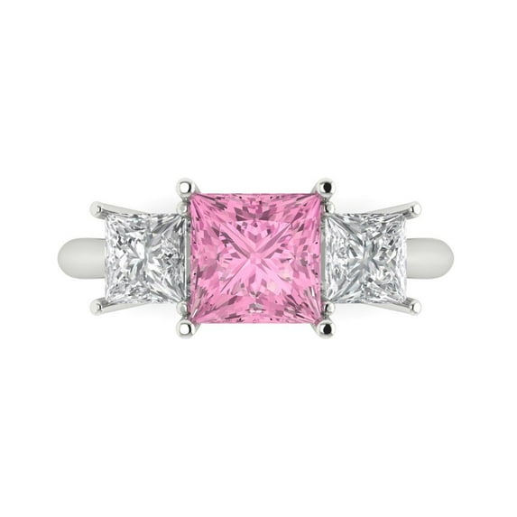 2.5 ct Princess Cut Simulated Pink Diamond Three-Stone Engagement Ring for Women in 18K White Gold