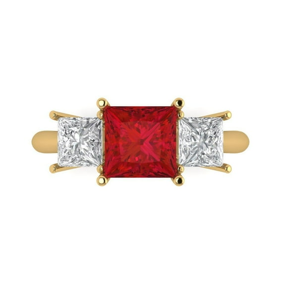 2.5 ctw 3 Stone Anniversary Ring for Women | Princess Cut Simulated Pink Tourmaline | Hyperallergenic Solid 18K Yellow Gold