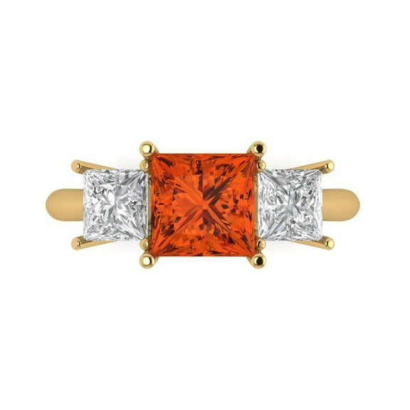 2.5 ct Princess Cut Simulated Red Diamond Three-Stone Engagement Ring for Women in 18K Yellow Gold