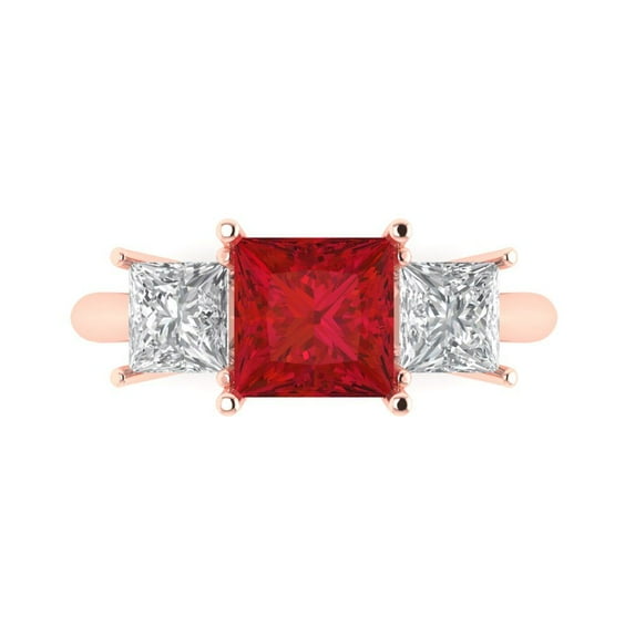 2.5 ct Princess Cut Simulated Ruby 3 Stone 18K Rose Gold Womens Engagement Ring