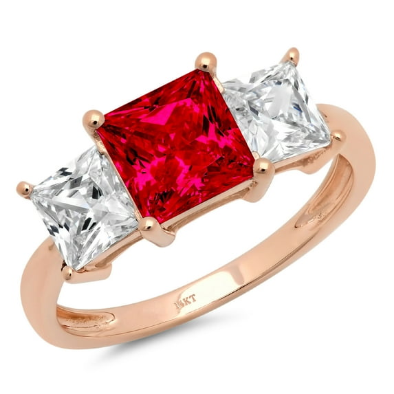 2.5 ct Princess Cut Simulated Ruby 3 Stone 18K Rose Gold Womens Engagement Ring