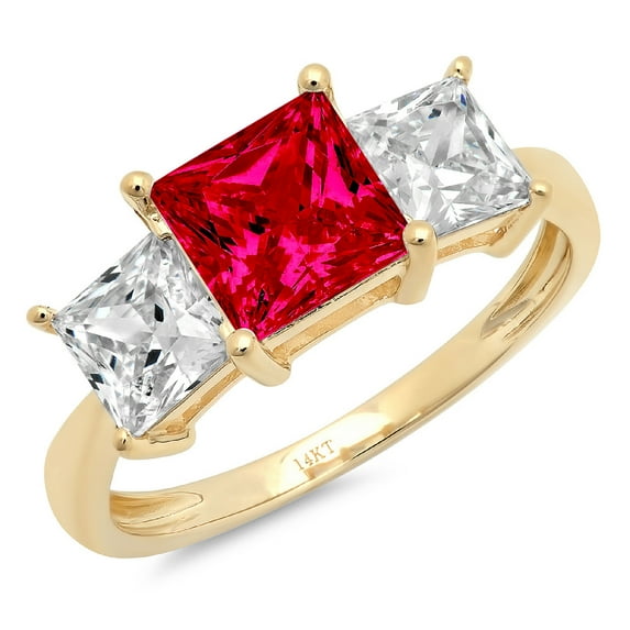 2.5 ct Princess Cut Simulated Ruby 3 Stone 18K Yellow Gold Womens Engagement Ring