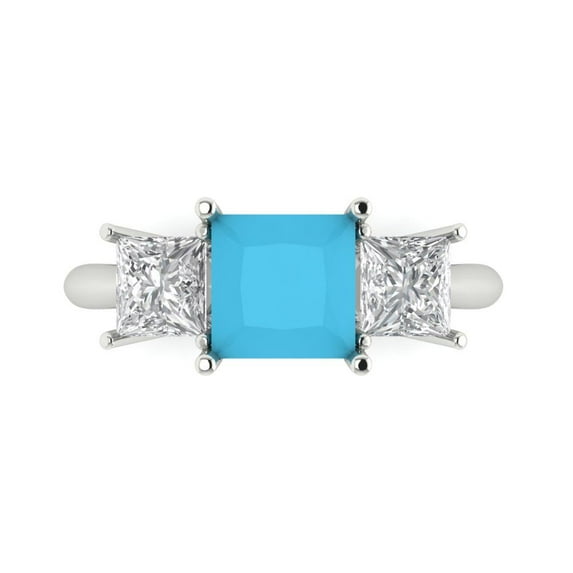 2.5 ct Princess Cut Simulated Turquoise 3 Stone 18K White Gold Womens Engagement Ring